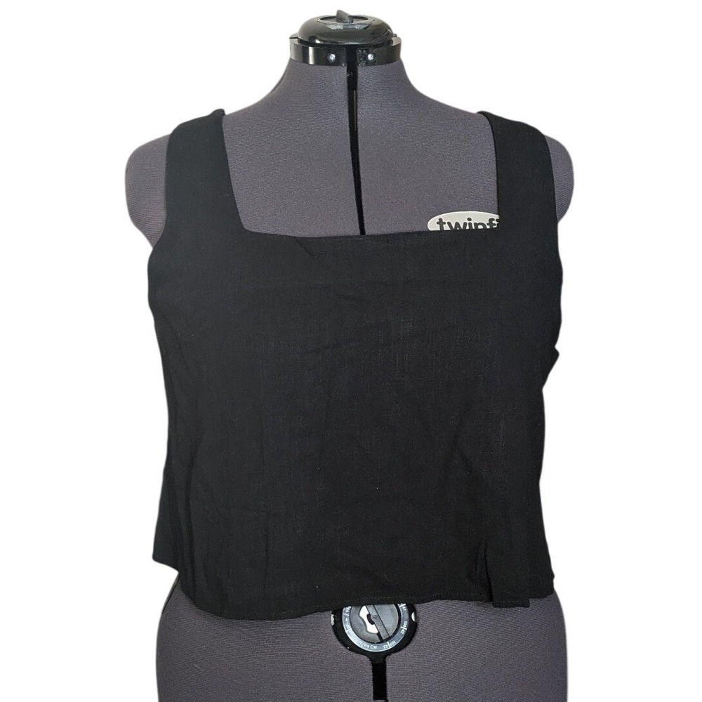 Minimalist Gothic XXL Black Linen Blend Square Neck Crop Tank Top Dark Academia